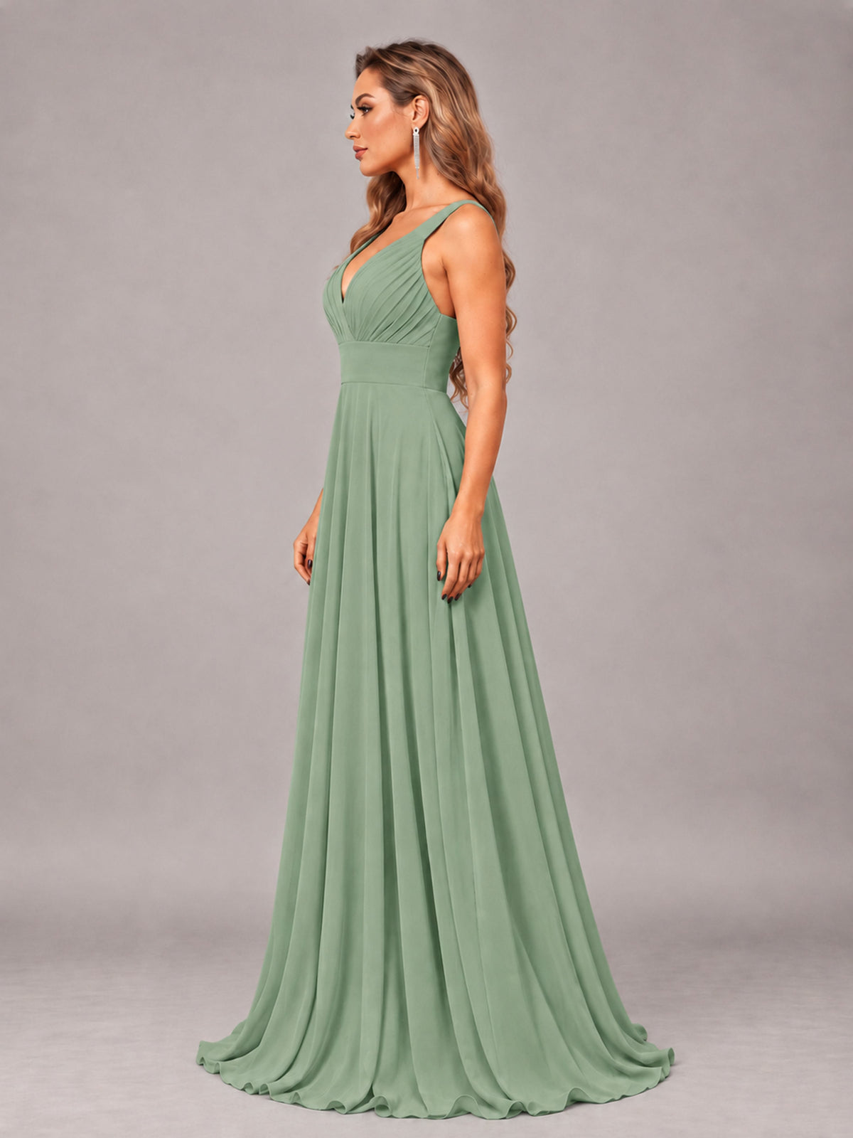 Sage Green Attractive Deep V-Neck Sleeveless Slit Chiffon Bridesmaid Dress