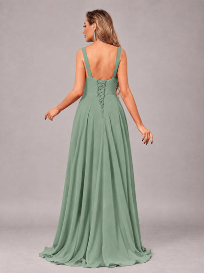 Sage Green Attractive Deep V-Neck Sleeveless Slit Chiffon Bridesmaid Dress