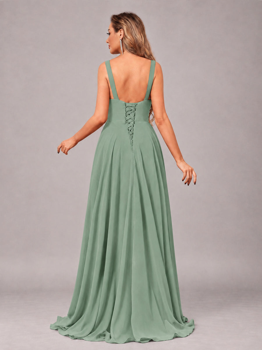 Sage Green Attractive Deep V-Neck Sleeveless Slit Chiffon Bridesmaid Dress