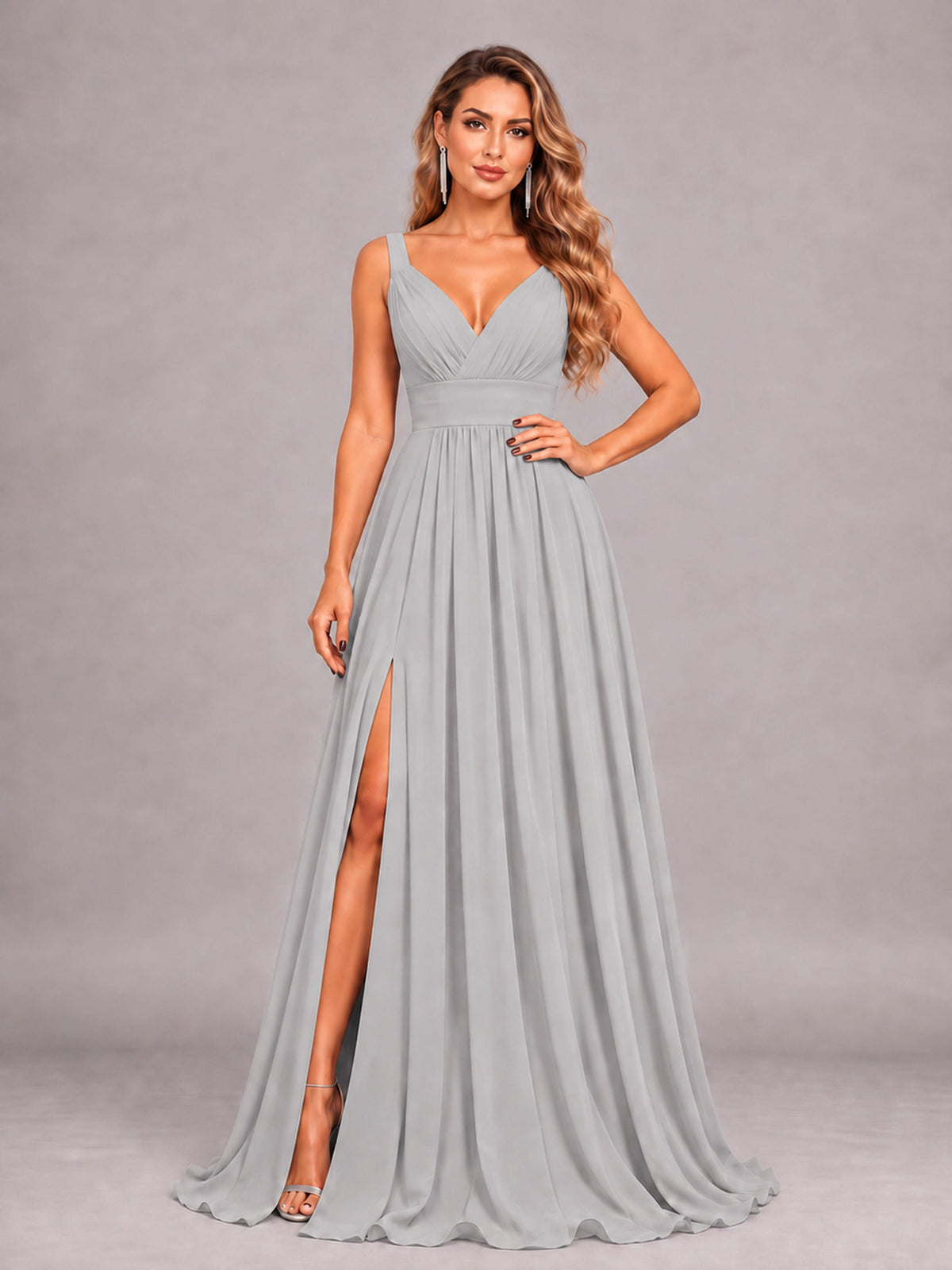 Silver Attractive Deep V-Neck Sleeveless Slit Chiffon Bridesmaid Dress