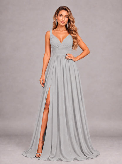 Silver Attractive Deep V-Neck Sleeveless Slit Chiffon Bridesmaid Dress