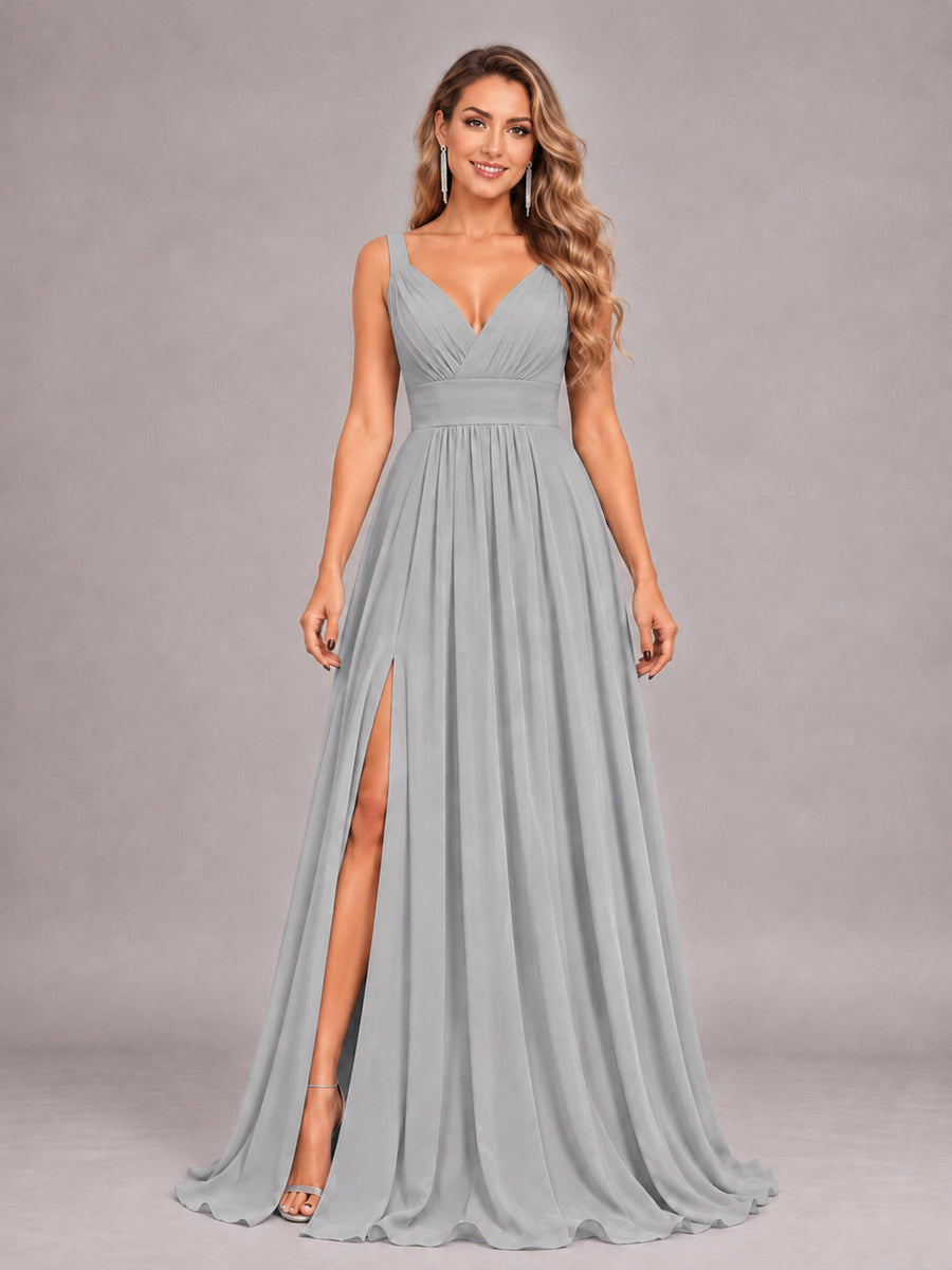 Silver Attractive Deep V-Neck Sleeveless Slit Chiffon Bridesmaid Dress