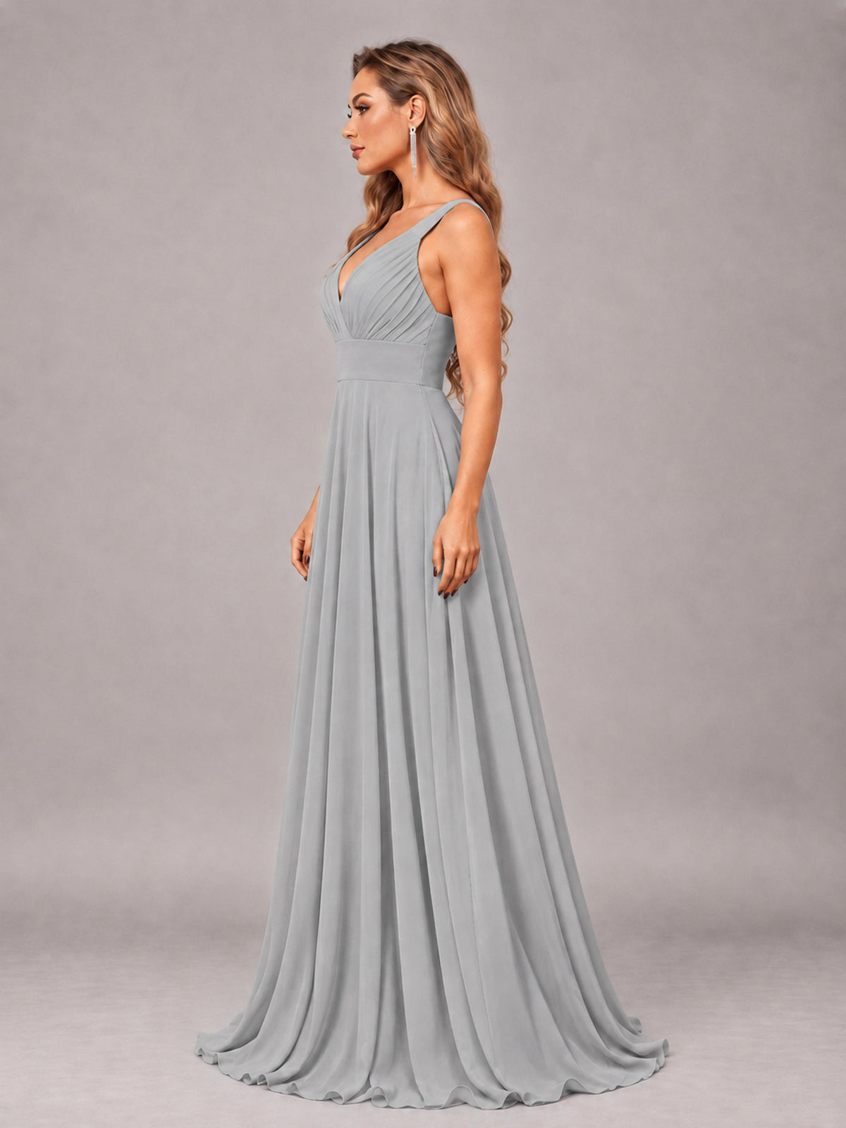 Silver Attractive Deep V-Neck Sleeveless Slit Chiffon Bridesmaid Dress