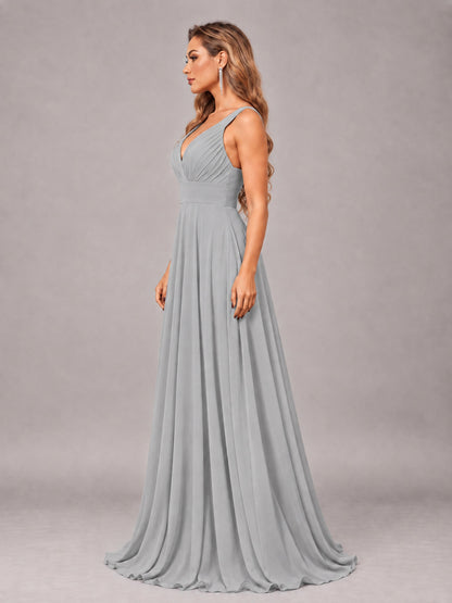 Silver Attractive Deep V-Neck Sleeveless Slit Chiffon Bridesmaid Dress