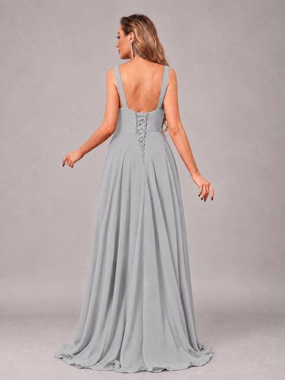 Silver Attractive Deep V-Neck Sleeveless Slit Chiffon Bridesmaid Dress