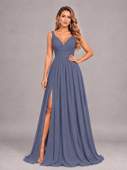 Stormy Blue Attractive Deep V-Neck Sleeveless Slit Chiffon Bridesmaid Dress