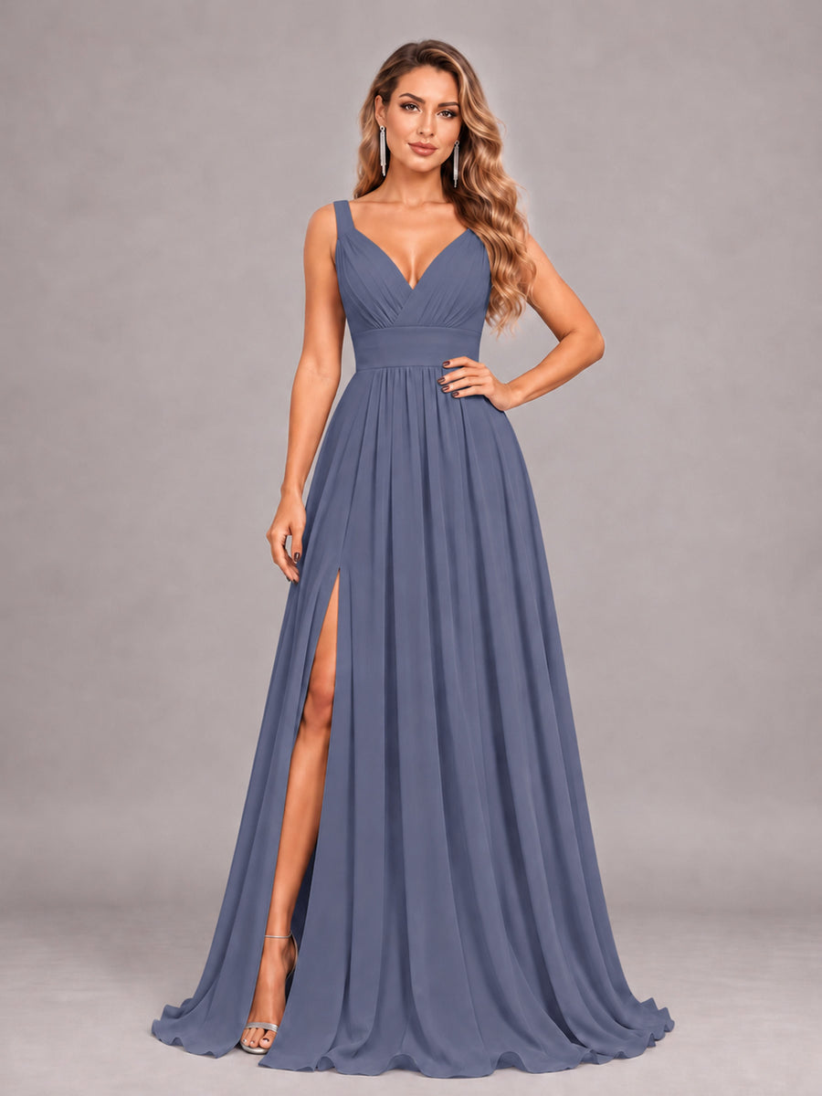 Stormy Blue Attractive Deep V-Neck Sleeveless Slit Chiffon Bridesmaid Dress