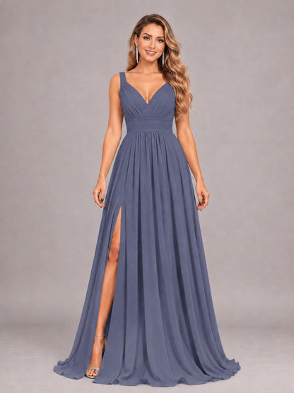 Stormy Blue Attractive Deep V-Neck Sleeveless Slit Chiffon Bridesmaid Dress