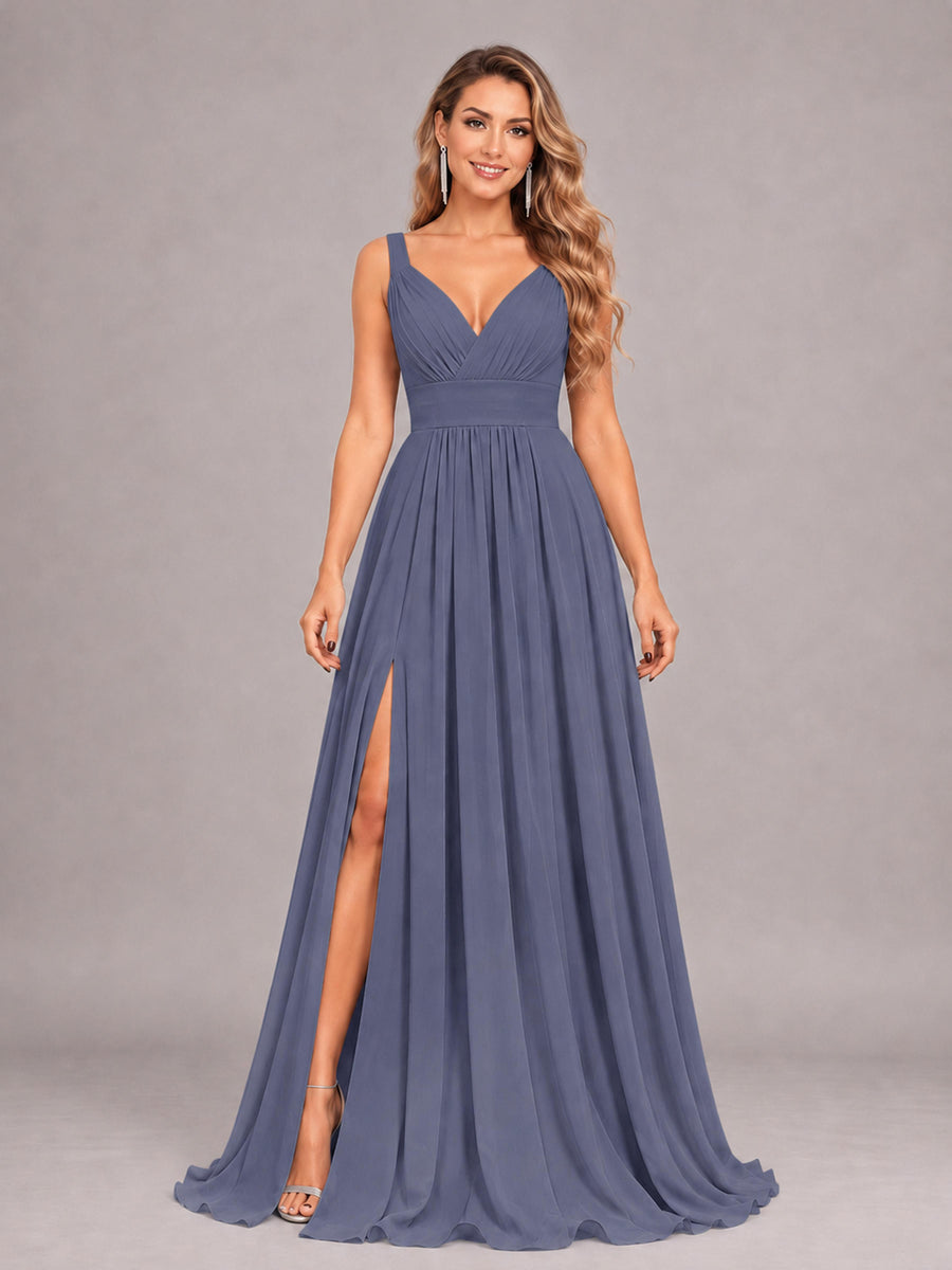 Stormy Blue Attractive Deep V-Neck Sleeveless Slit Chiffon Bridesmaid Dress