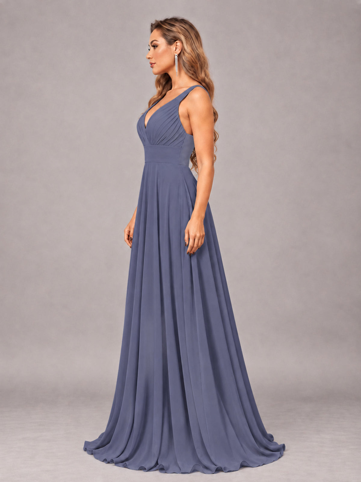 Stormy Blue Attractive Deep V-Neck Sleeveless Slit Chiffon Bridesmaid Dress