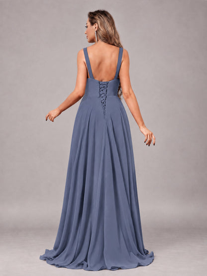 Stormy Blue Attractive Deep V-Neck Sleeveless Slit Chiffon Bridesmaid Dress