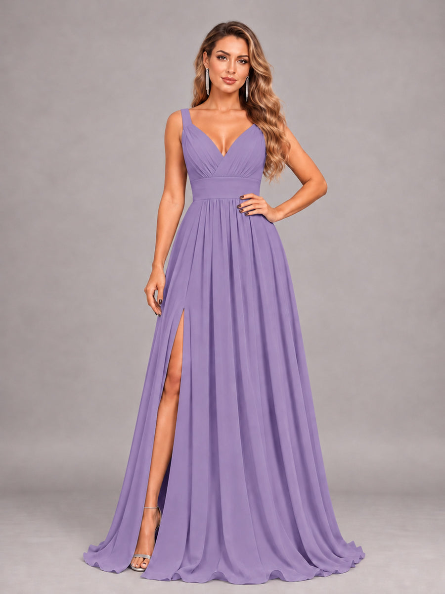 Tahiti Attractive Deep V-Neck Sleeveless Slit Chiffon Bridesmaid Dress