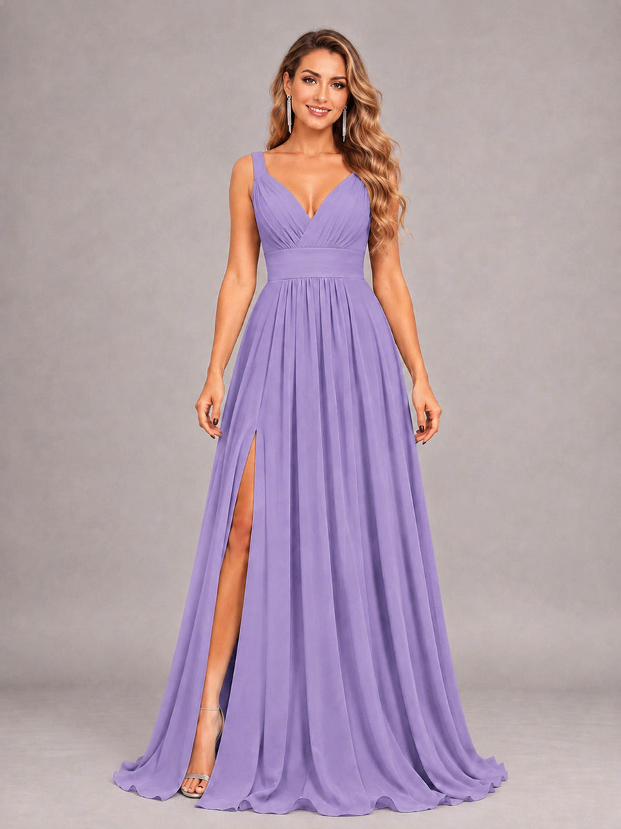 Tahiti Attractive Deep V-Neck Sleeveless Slit Chiffon Bridesmaid Dress