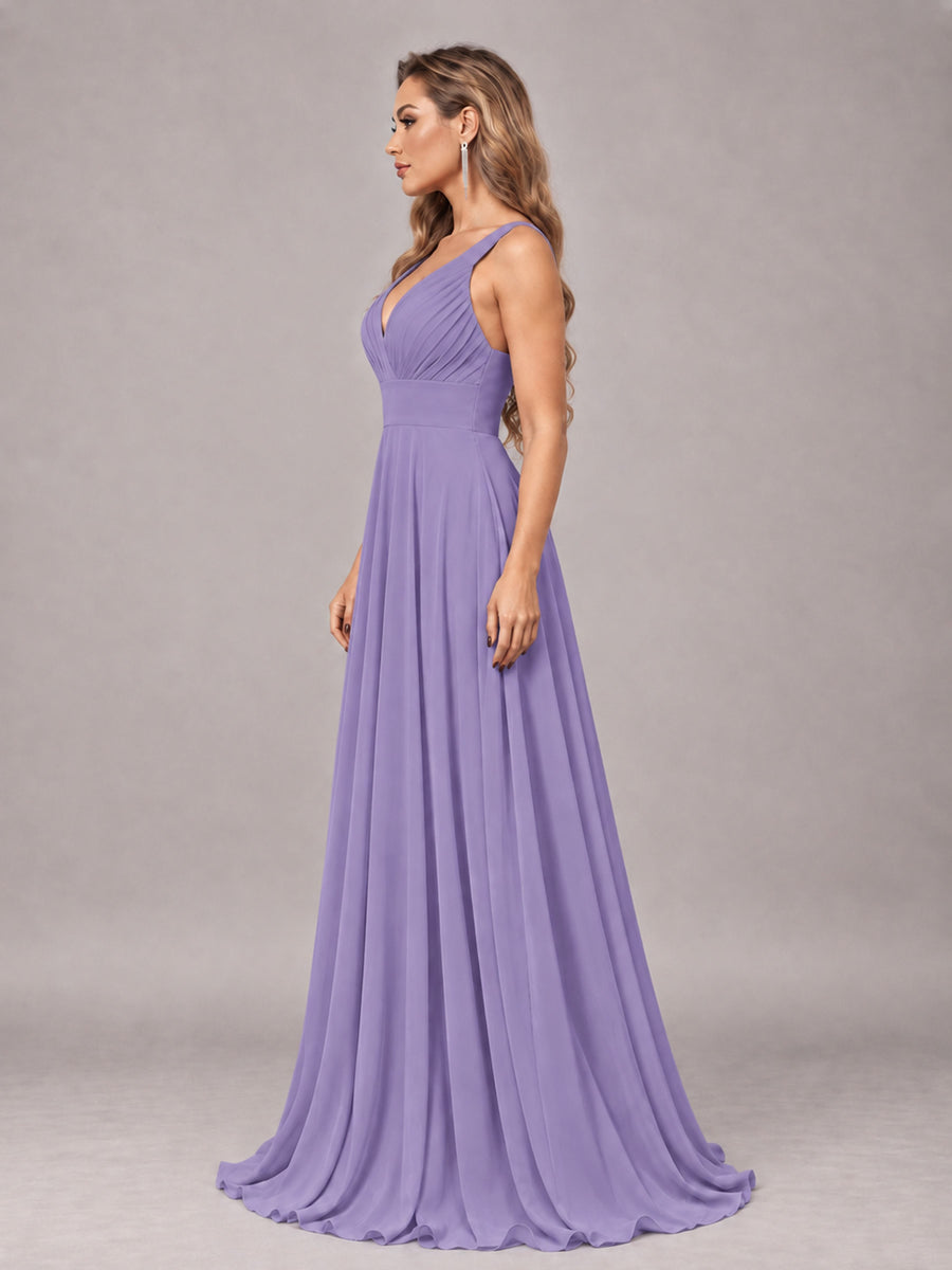 Tahiti Attractive Deep V-Neck Sleeveless Slit Chiffon Bridesmaid Dress