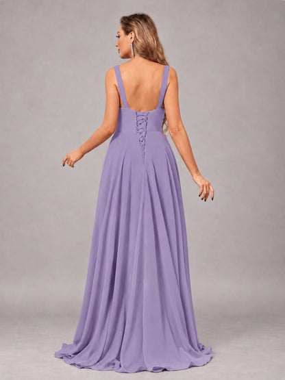 Tahiti Attractive Deep V-Neck Sleeveless Slit Chiffon Bridesmaid Dress