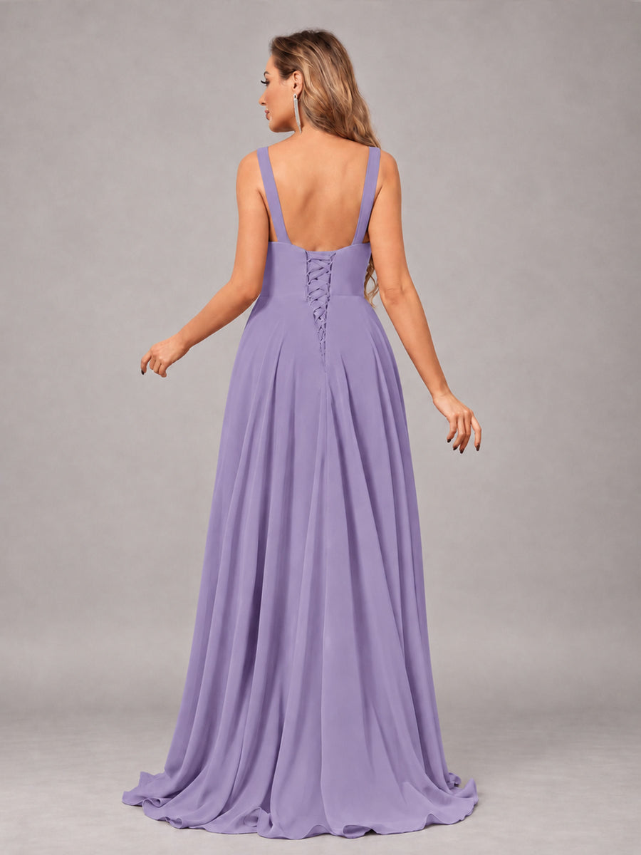 Tahiti Attractive Deep V-Neck Sleeveless Slit Chiffon Bridesmaid Dress