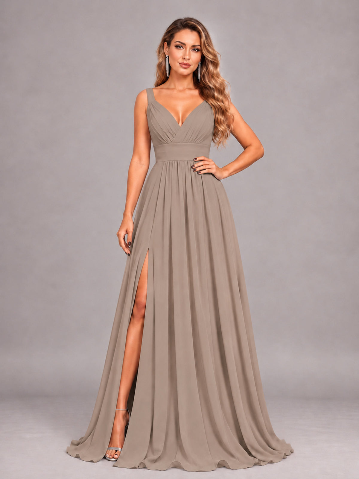Taupe Attractive Deep V-Neck Sleeveless Slit Chiffon Bridesmaid Dress