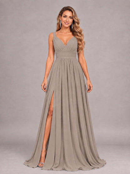 Taupe Attractive Deep V-Neck Sleeveless Slit Chiffon Bridesmaid Dress