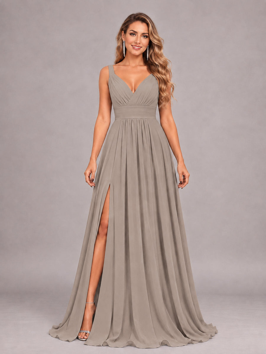 Taupe Attractive Deep V-Neck Sleeveless Slit Chiffon Bridesmaid Dress