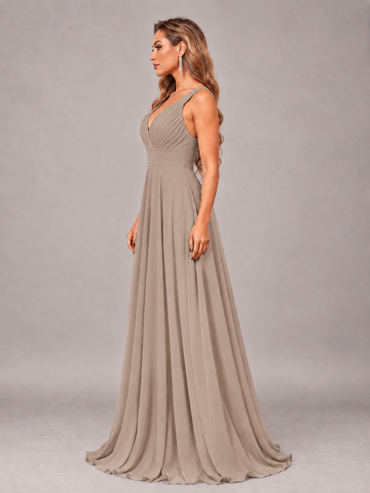 Taupe Attractive Deep V-Neck Sleeveless Slit Chiffon Bridesmaid Dress