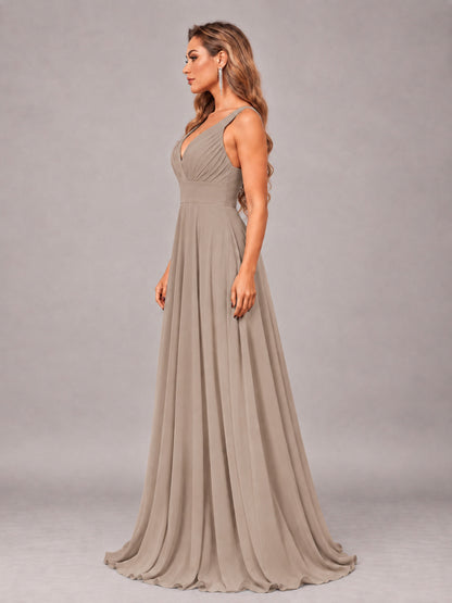 Taupe Attractive Deep V-Neck Sleeveless Slit Chiffon Bridesmaid Dress
