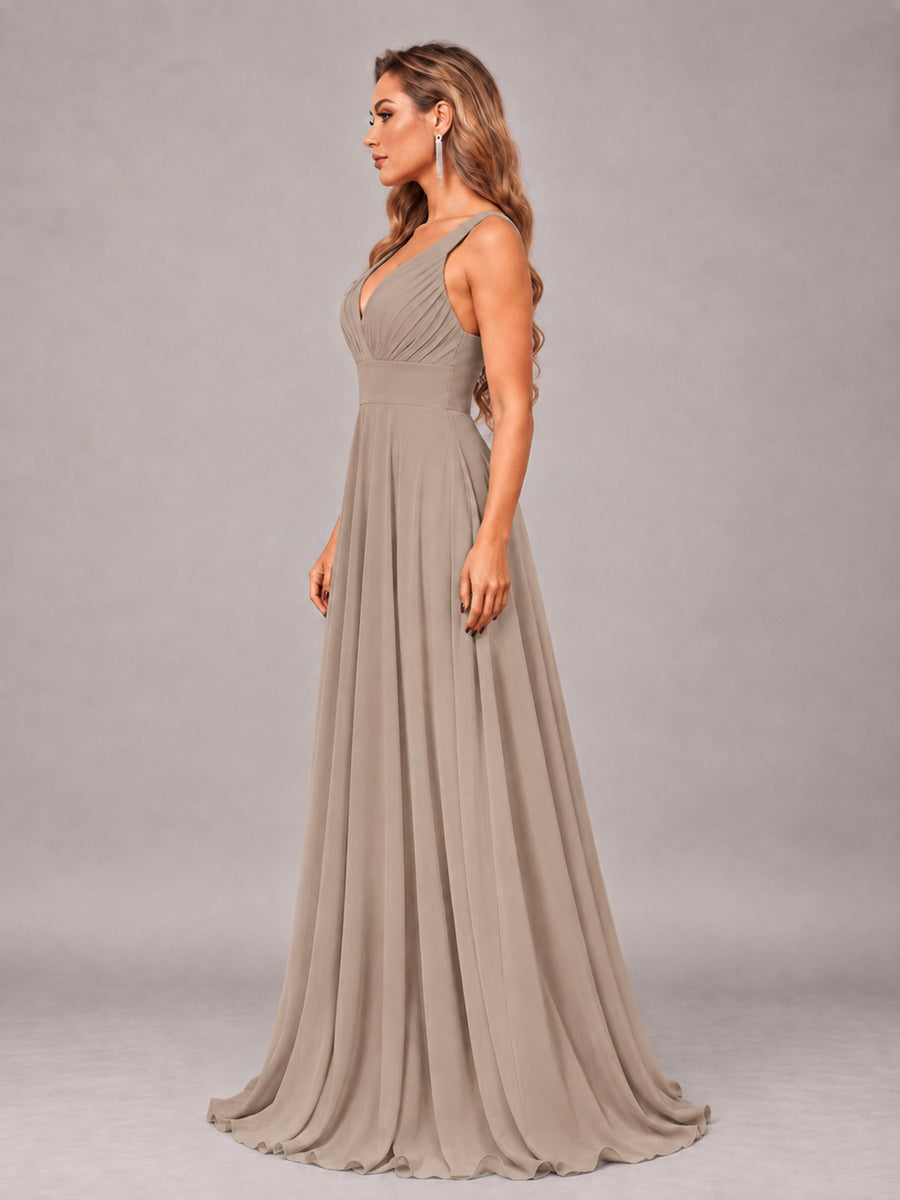 Taupe Attractive Deep V-Neck Sleeveless Slit Chiffon Bridesmaid Dress