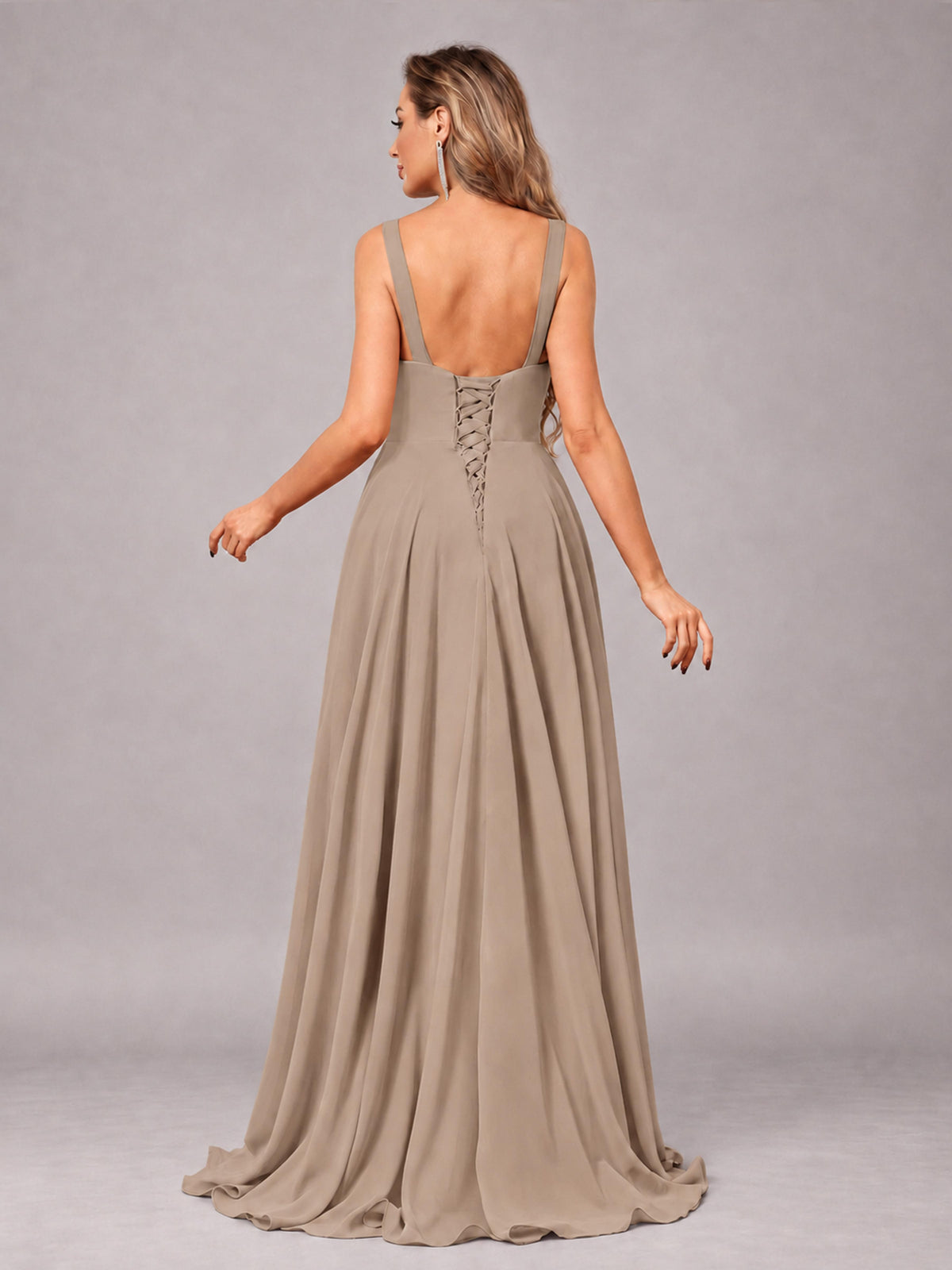 Taupe Attractive Deep V-Neck Sleeveless Slit Chiffon Bridesmaid Dress