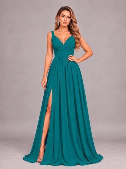 Teal Attractive Deep V-Neck Sleeveless Slit Chiffon Bridesmaid Dress