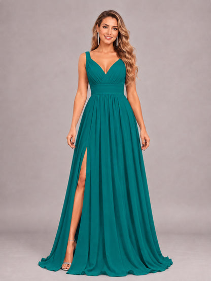 Teal Attractive Deep V-Neck Sleeveless Slit Chiffon Bridesmaid Dress