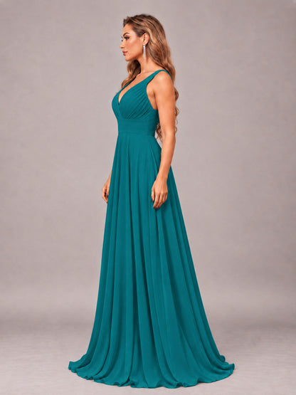 Teal Attractive Deep V-Neck Sleeveless Slit Chiffon Bridesmaid Dress
