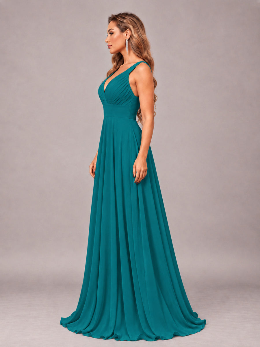 Teal Attractive Deep V-Neck Sleeveless Slit Chiffon Bridesmaid Dress