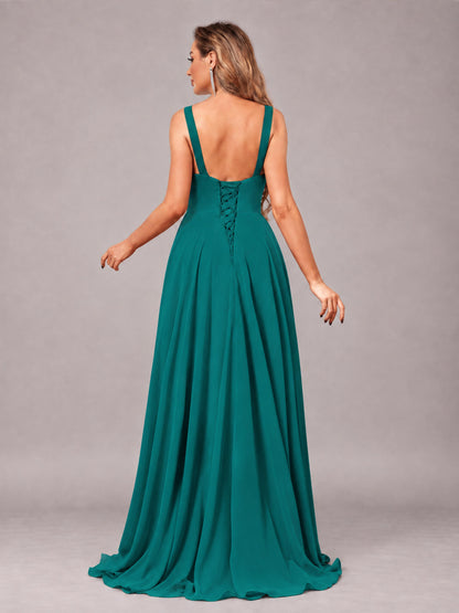 Teal Attractive Deep V-Neck Sleeveless Slit Chiffon Bridesmaid Dress