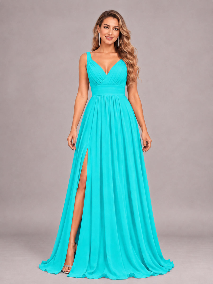 Turquoise Attractive Deep V-Neck Sleeveless Slit Chiffon Bridesmaid Dress