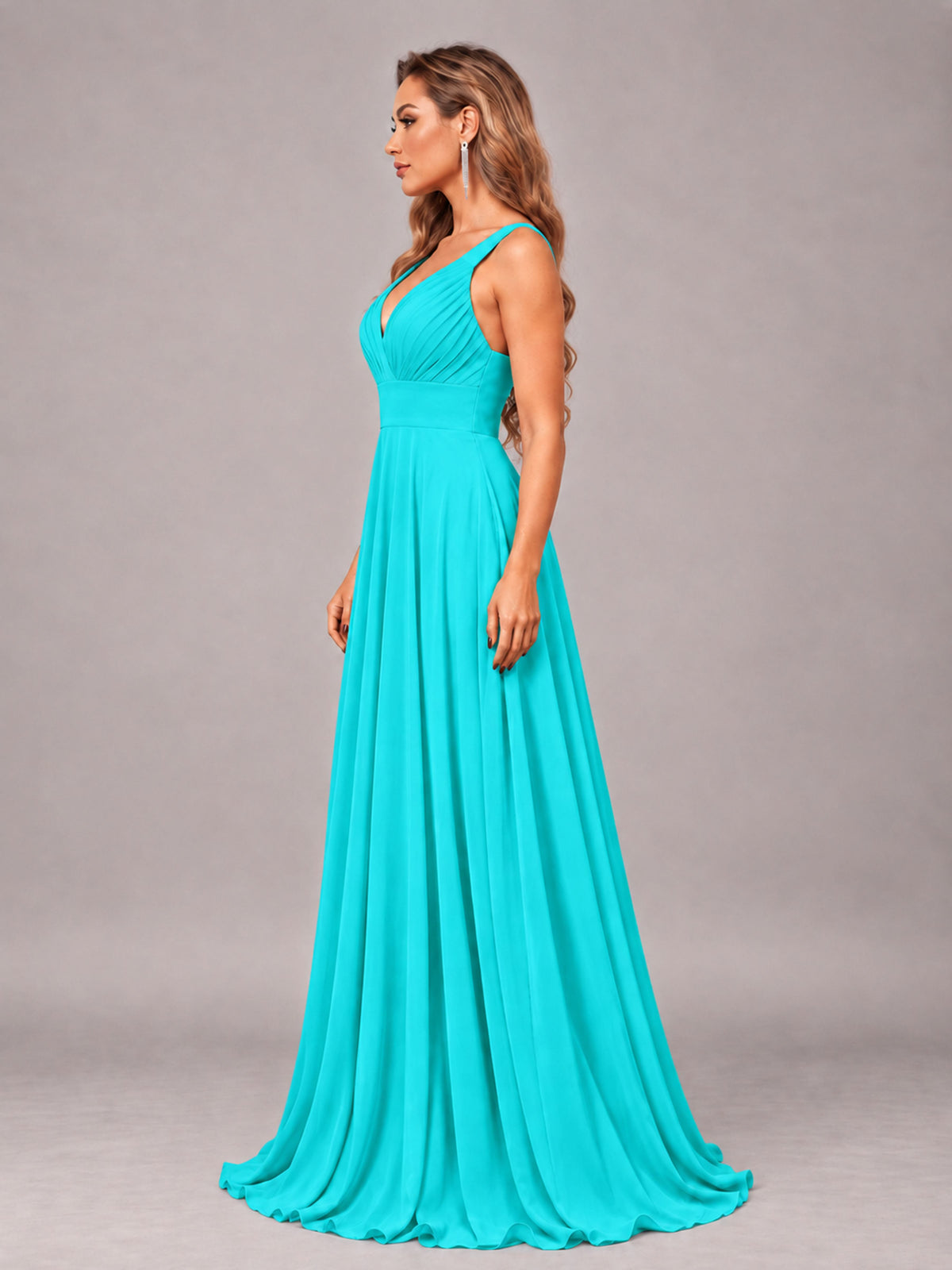 Turquoise Attractive Deep V-Neck Sleeveless Slit Chiffon Bridesmaid Dress
