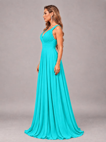 Turquoise Attractive Deep V-Neck Sleeveless Slit Chiffon Bridesmaid Dress