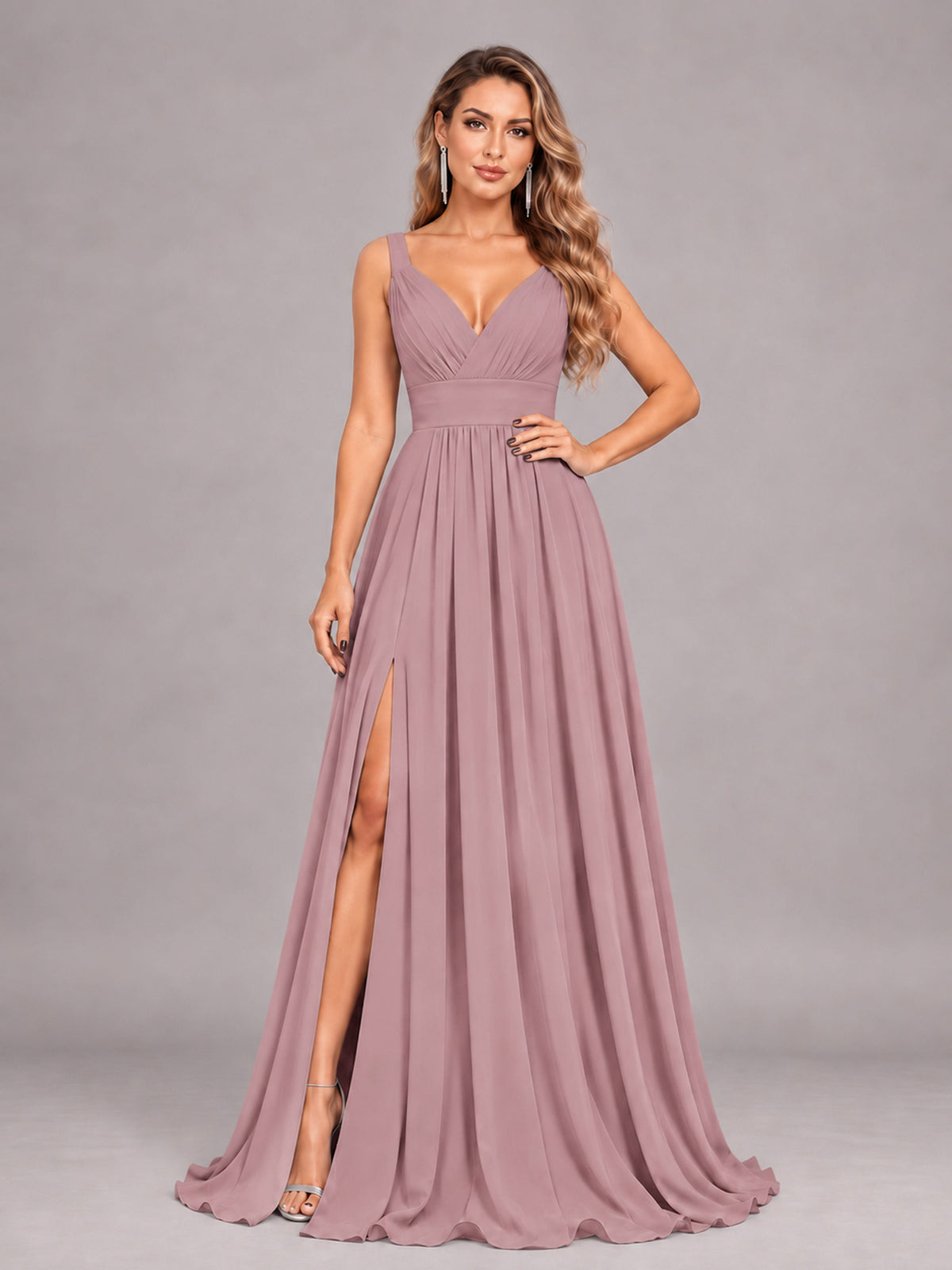Vintage Mauve Attractive Deep V-Neck Sleeveless Slit Chiffon Bridesmaid Dress