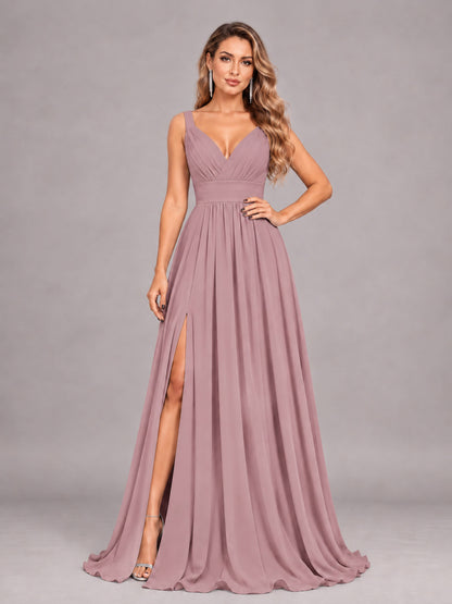 Vintage Mauve Attractive Deep V-Neck Sleeveless Slit Chiffon Bridesmaid Dress