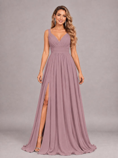 Vintage Mauve Attractive Deep V-Neck Sleeveless Slit Chiffon Bridesmaid Dress