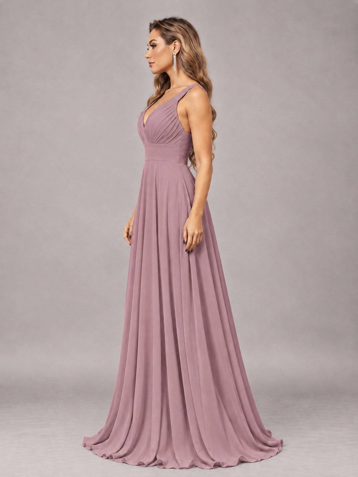 Vintage Mauve Attractive Deep V-Neck Sleeveless Slit Chiffon Bridesmaid Dress