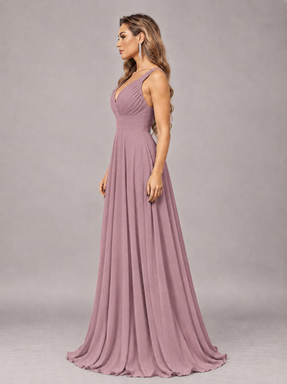 Vintage Mauve Attractive Deep V-Neck Sleeveless Slit Chiffon Bridesmaid Dress