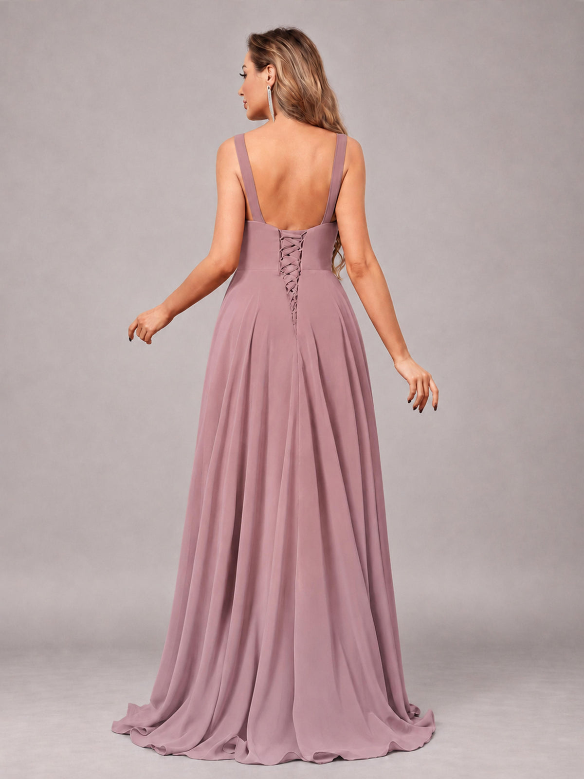 Vintage Mauve Attractive Deep V-Neck Sleeveless Slit Chiffon Bridesmaid Dress