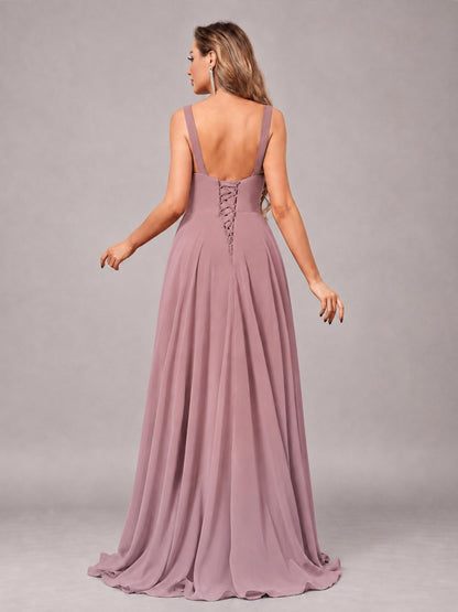 Vintage Mauve Attractive Deep V-Neck Sleeveless Slit Chiffon Bridesmaid Dress