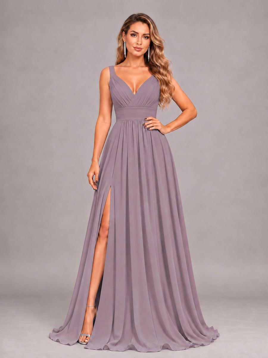 Wisteria Attractive Deep V-Neck Sleeveless Slit Chiffon Bridesmaid Dress
