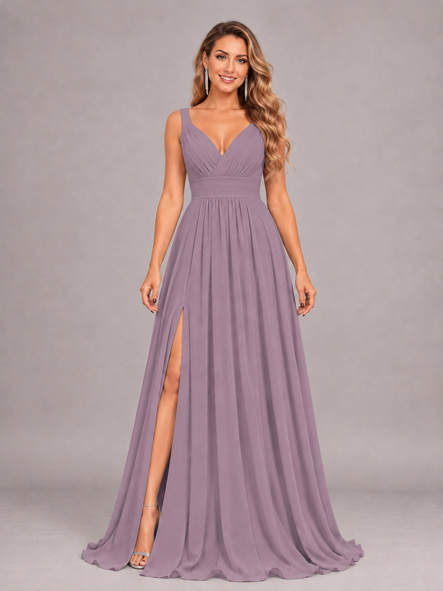 Wisteria Attractive Deep V-Neck Sleeveless Slit Chiffon Bridesmaid Dress
