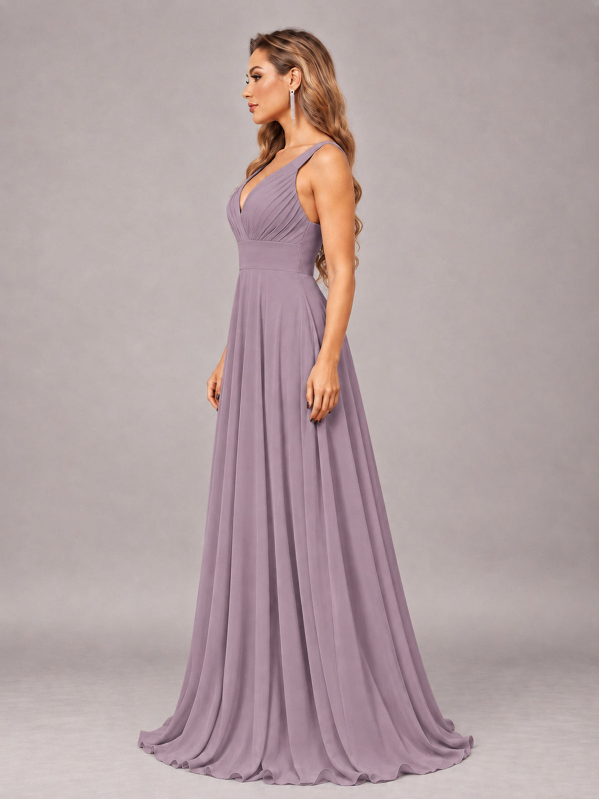 Wisteria Attractive Deep V-Neck Sleeveless Slit Chiffon Bridesmaid Dress