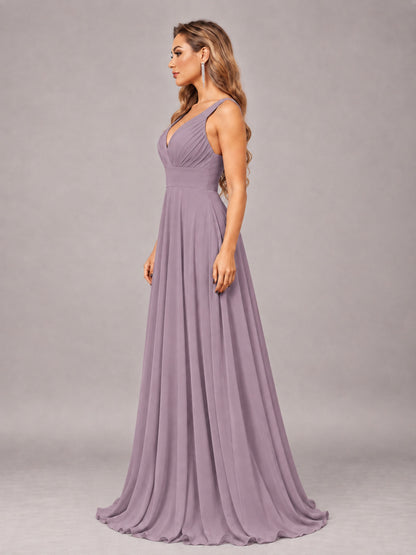 Wisteria Attractive Deep V-Neck Sleeveless Slit Chiffon Bridesmaid Dress