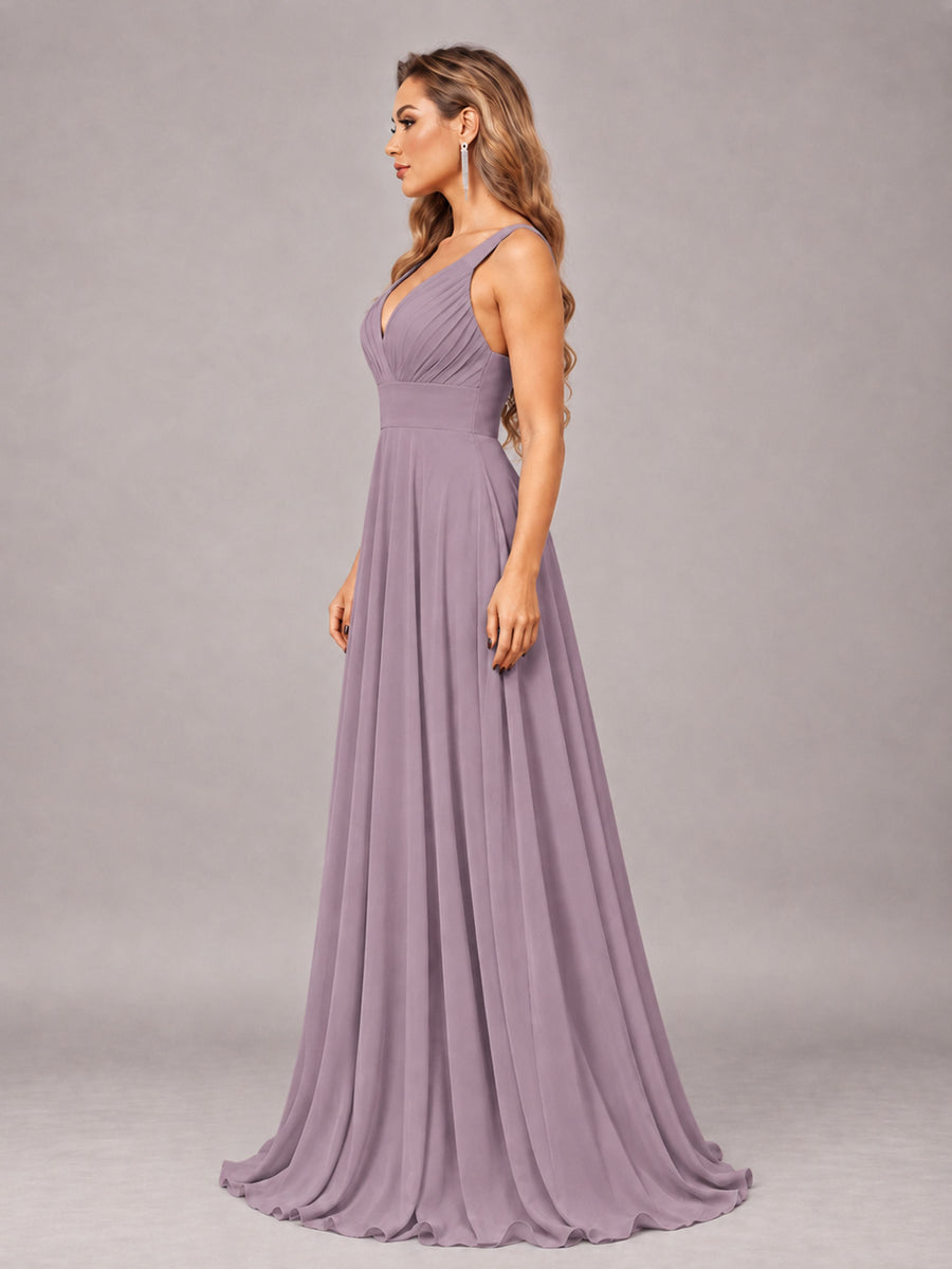 Wisteria Attractive Deep V-Neck Sleeveless Slit Chiffon Bridesmaid Dress
