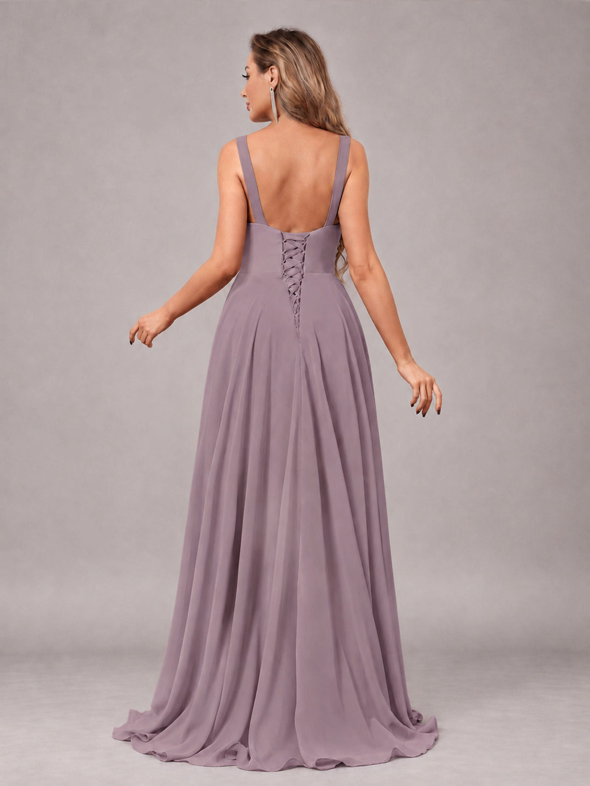 Wisteria Attractive Deep V-Neck Sleeveless Slit Chiffon Bridesmaid Dress
