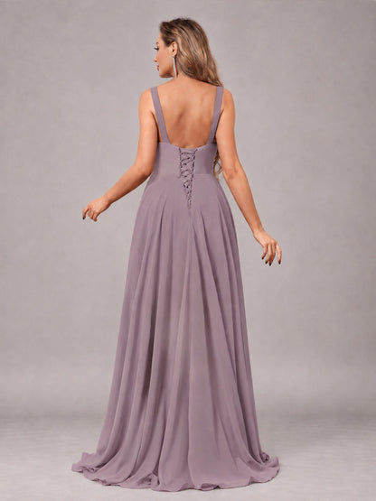 Wisteria Attractive Deep V-Neck Sleeveless Slit Chiffon Bridesmaid Dress