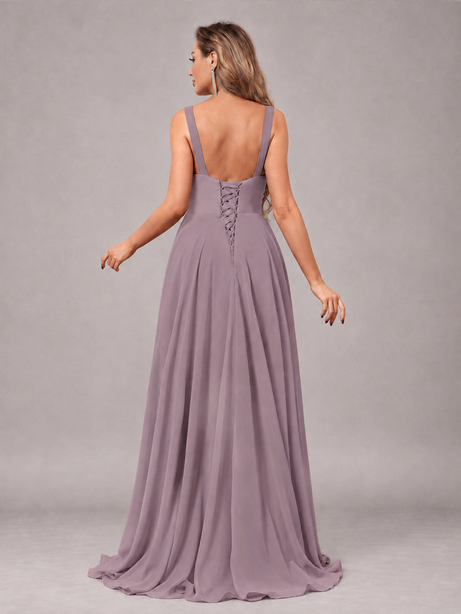 Wisteria Attractive Deep V-Neck Sleeveless Slit Chiffon Bridesmaid Dress